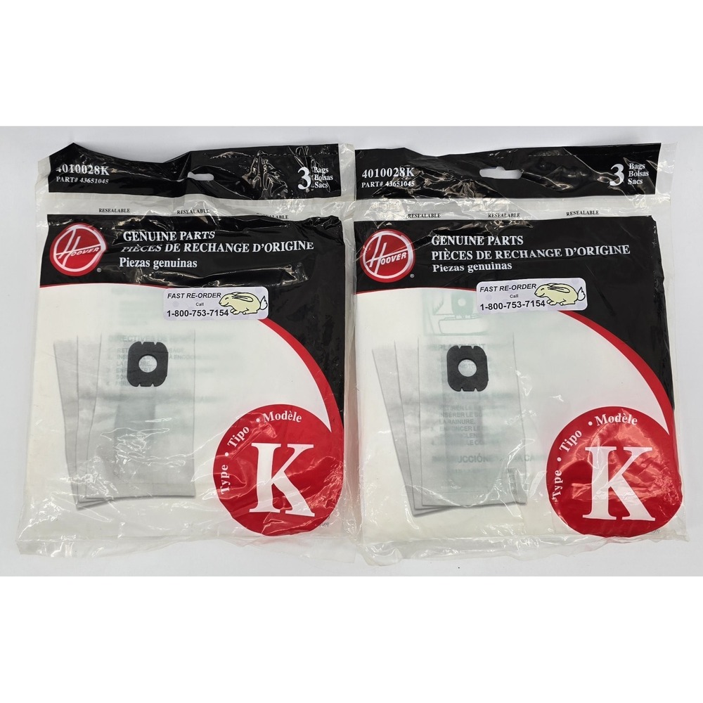 Genuine HOOVER Type K Vacuum Cleaner Bags 4010028K 2 Packs of 3 (6 total) OEM‎